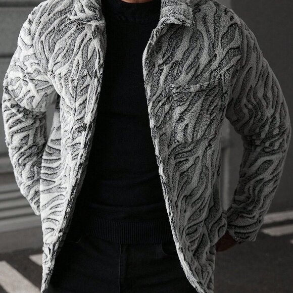 Multicolor Casual Men's Zebra Print Fleece Jacket - Picture 5 of 8